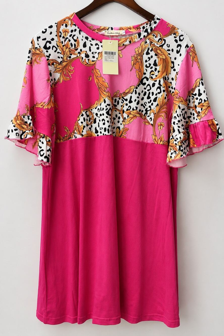 NWT Southern Stitch L Pink Leopard Baroque Ruffle Sleeve Babydoll Tunic Top